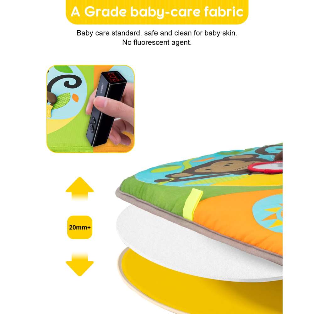 Removable sensory toys on the TinyBloom infant play gym, including a baby-safe mirror