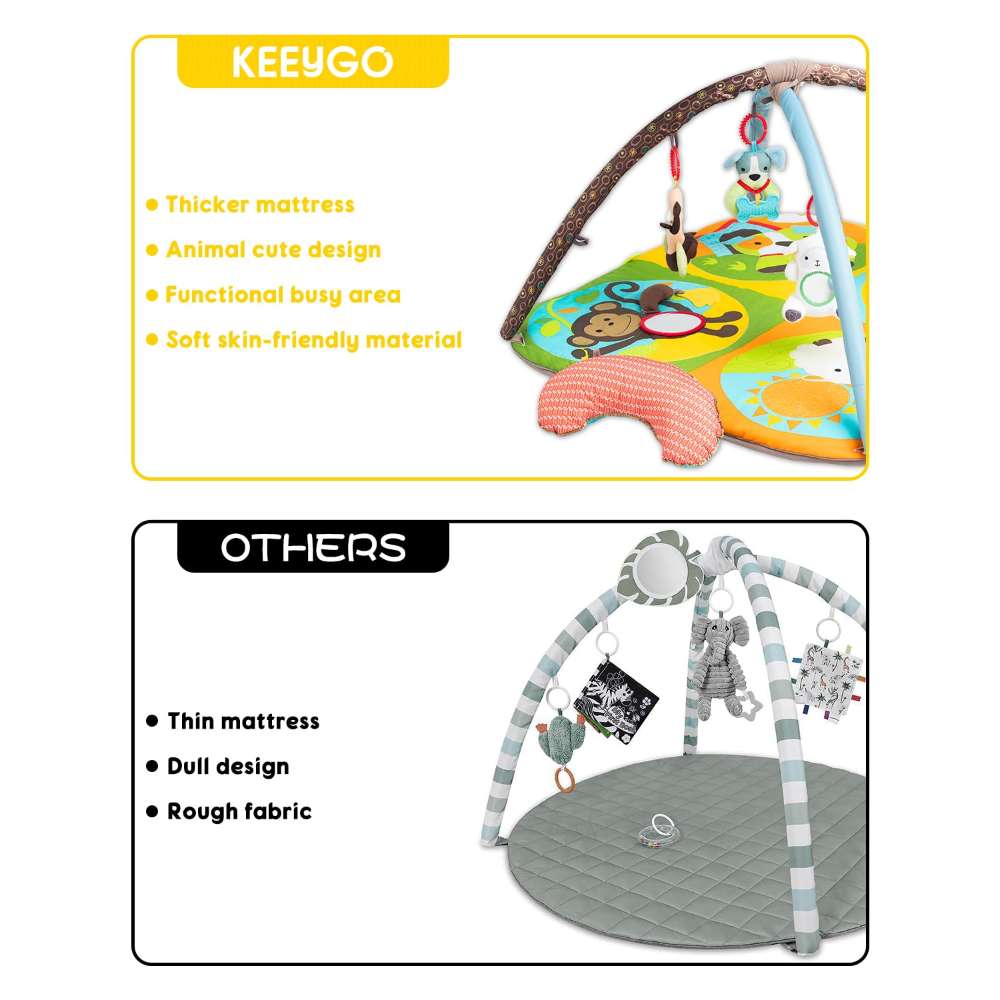 Soft cloth book and textured animal toys from the TinyBloom baby activity gym